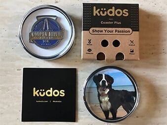 Race Medal and dog picture in coaster display case